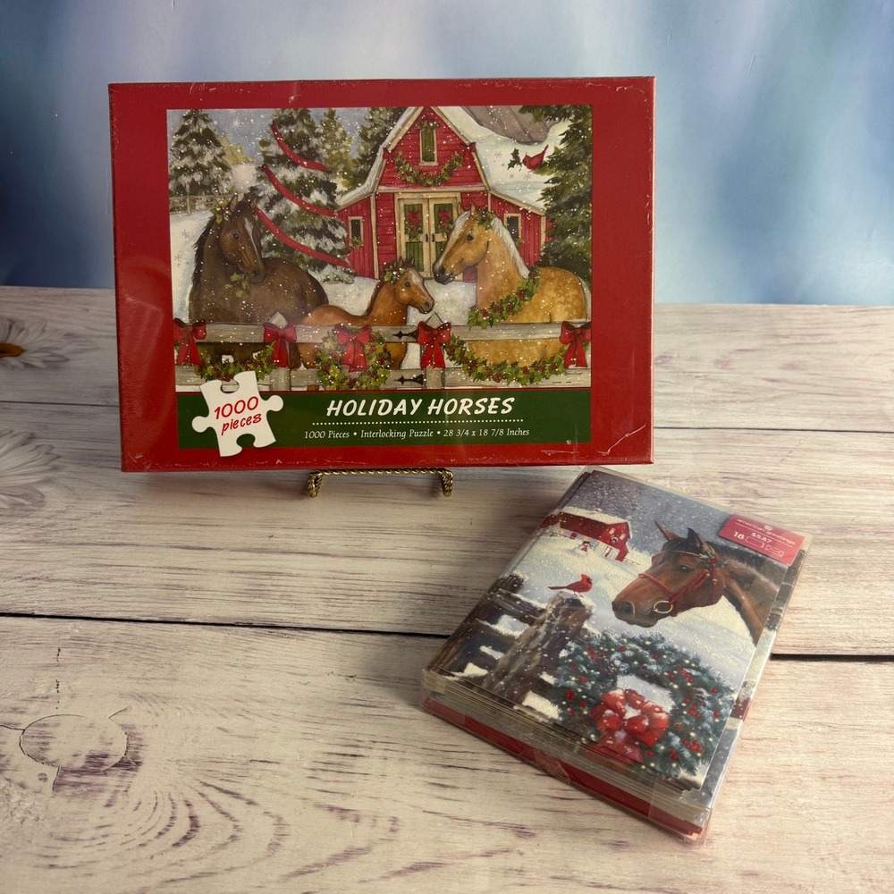 Current Holiday Horses Puzzle 1000pc & American Greetings Cards Set New Sealed